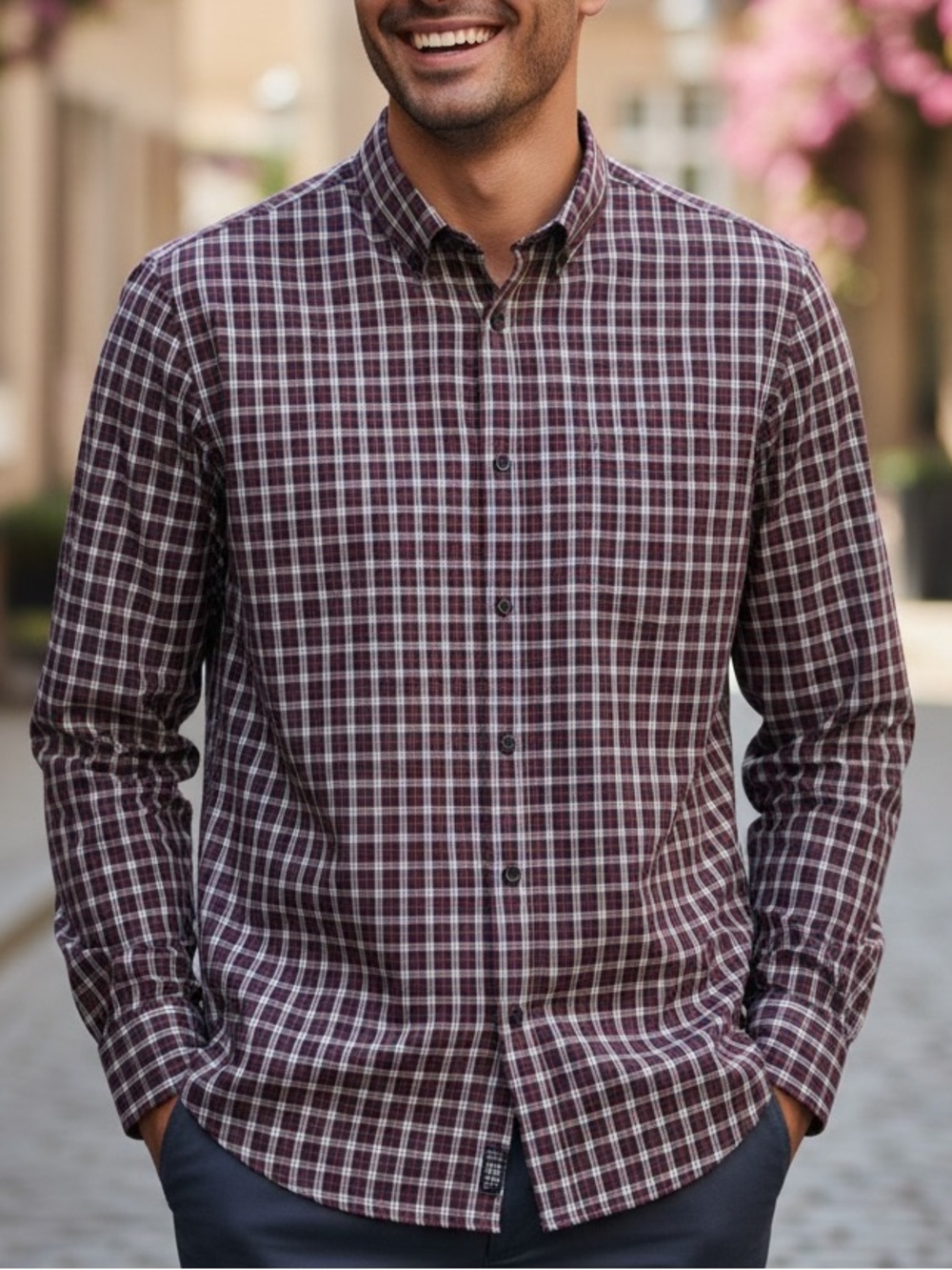 Michael Kors Men's Tailored Fit Wine Plaid Button-Down Shirt Size XL